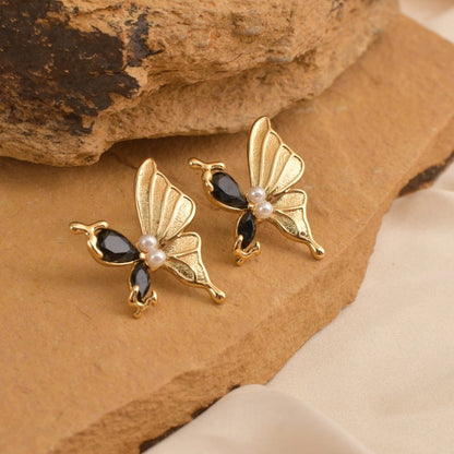 Shiny Stones Butterfly Earrings [304 Stainless Steel,18K Gold Plated]