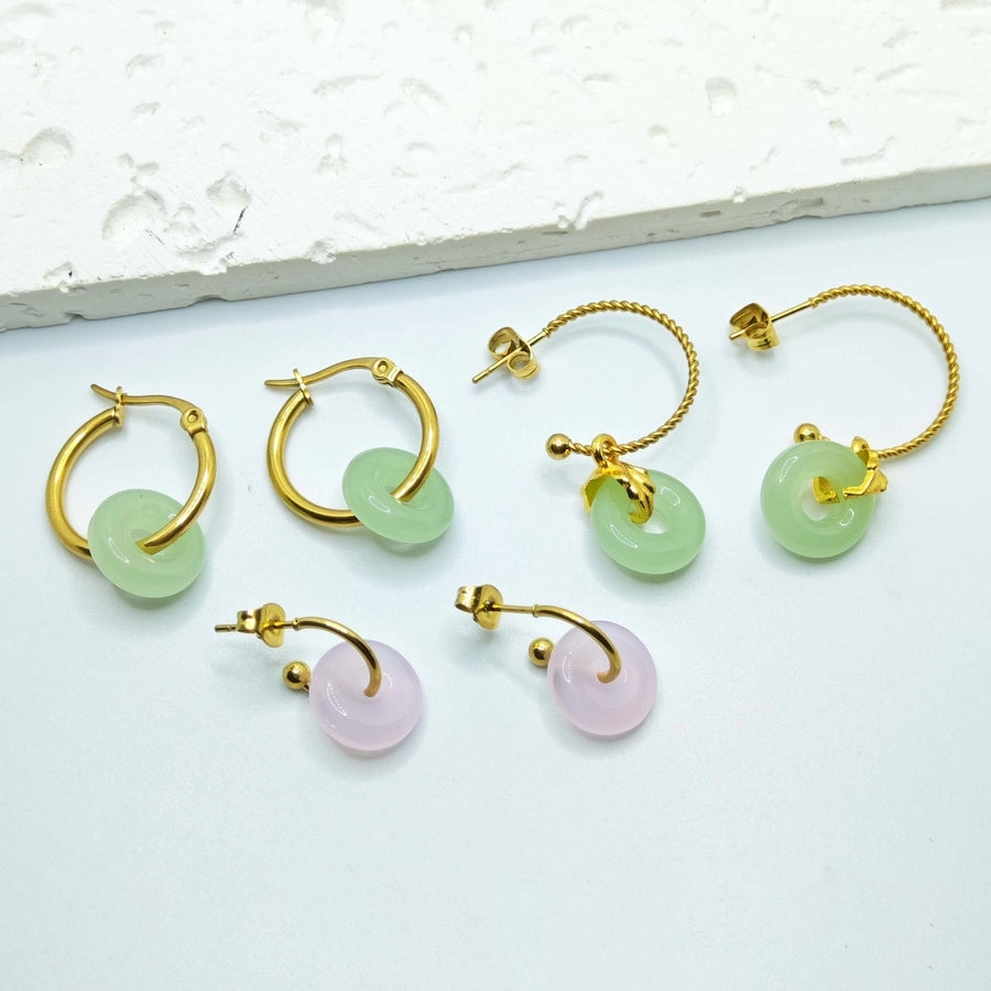 Green Pink Stone Hoop Earrings [304 Stainless Steel,18K Gold Plated]