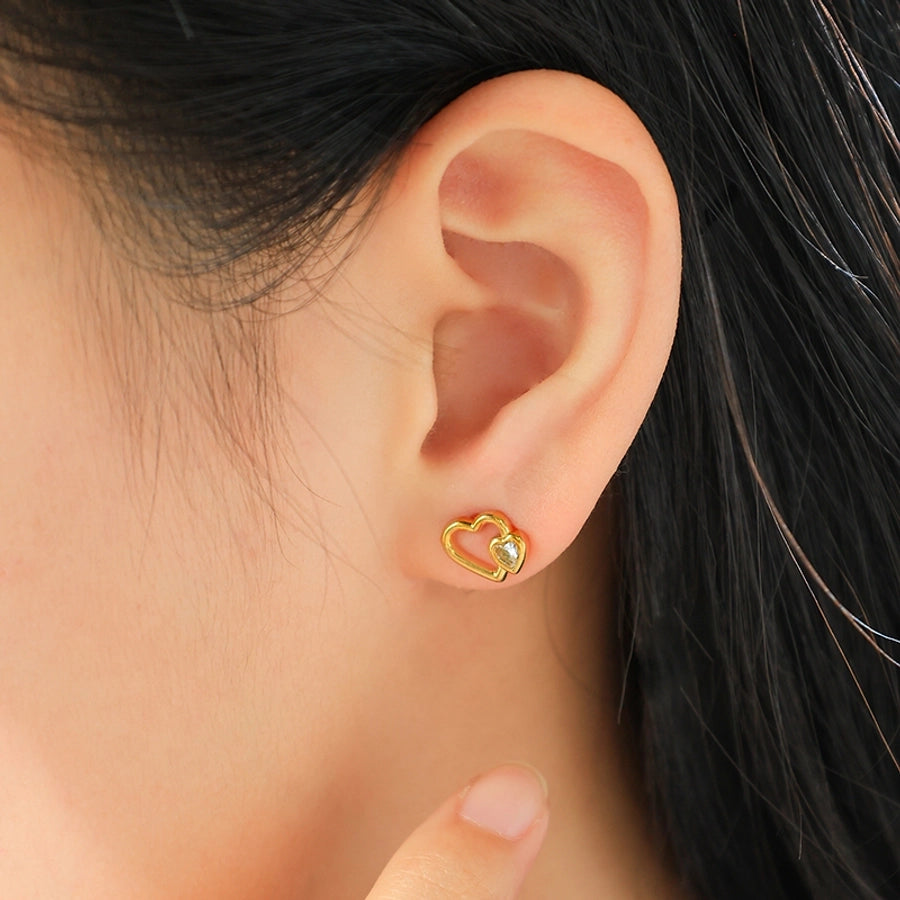 Double Heart Shape Zircon Earrings [304 Stainless Steel,14K Gold Plated]