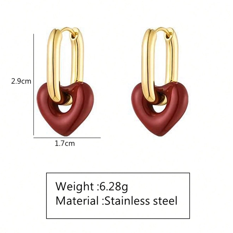 Red Heart Shape Earrings [304 Stainless Steel,18K Gold Plated]