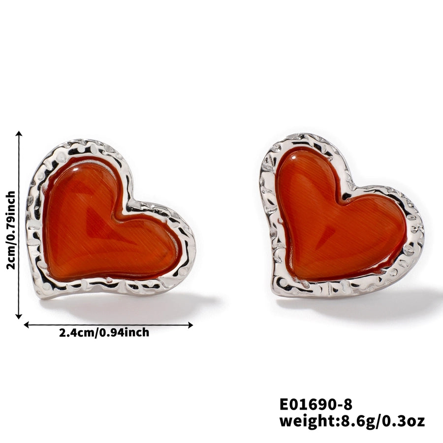 Silver Heart Steel Natural Stone Earrings [304 Stainless Steel]