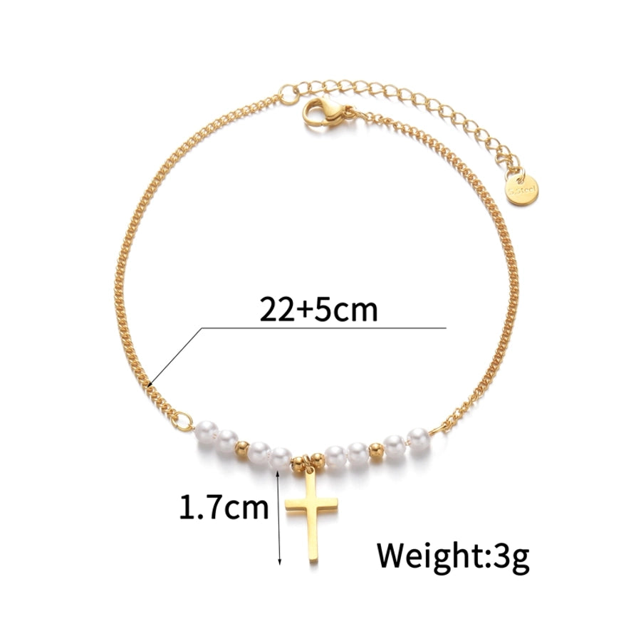 Cross Pearl Beaded Anklet [304 Stainless Steel, 14K Gold Plated]