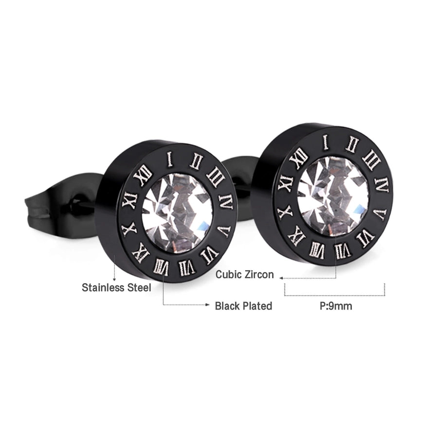 Round Zircon Roman Stud Earrings [Stainless Steel]