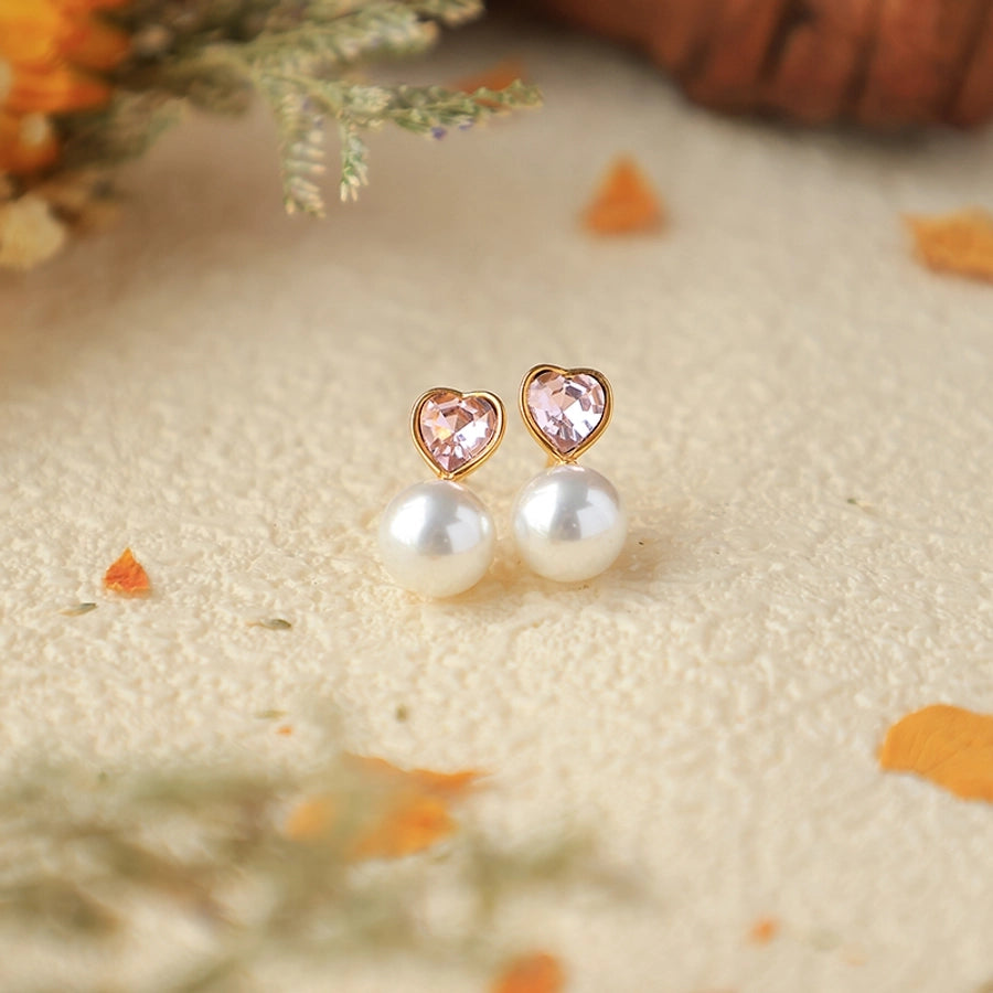 Heart ShapeZircon Pearl Earrings [304 Stainless Steel,14K Gold Plated]