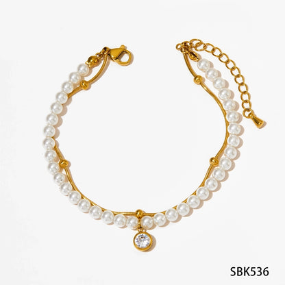 Pearl Gemstone Bracelet/Necklace [304 Stainless Steel,16K Gold Plated]