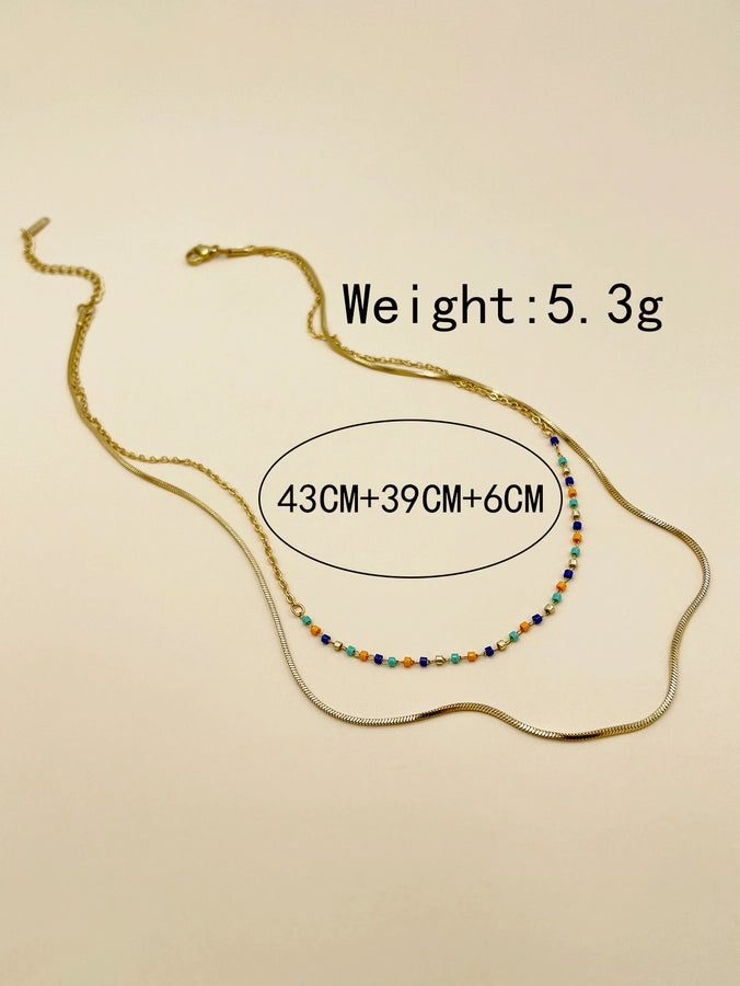 Colorful Beads Layered Necklace [304 Stainless Steel,18K Gold Plated]