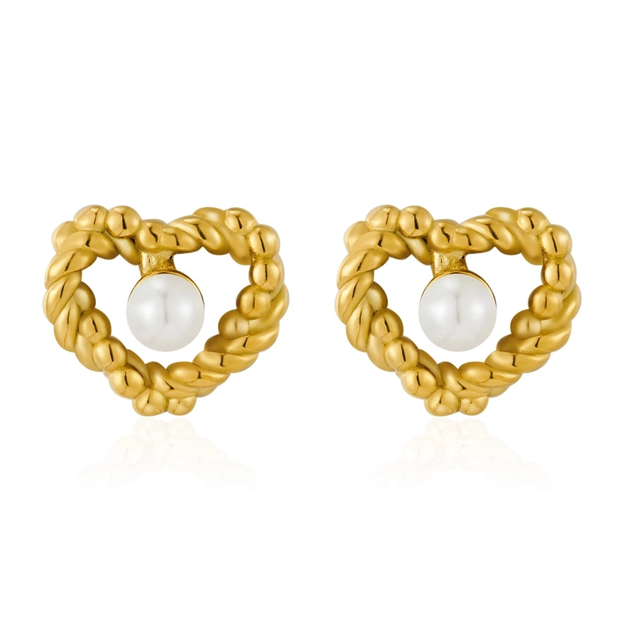 Sweet Heart Shape Pearl Twist Earrings [304 Stainless Steel,18K Gold Plated]