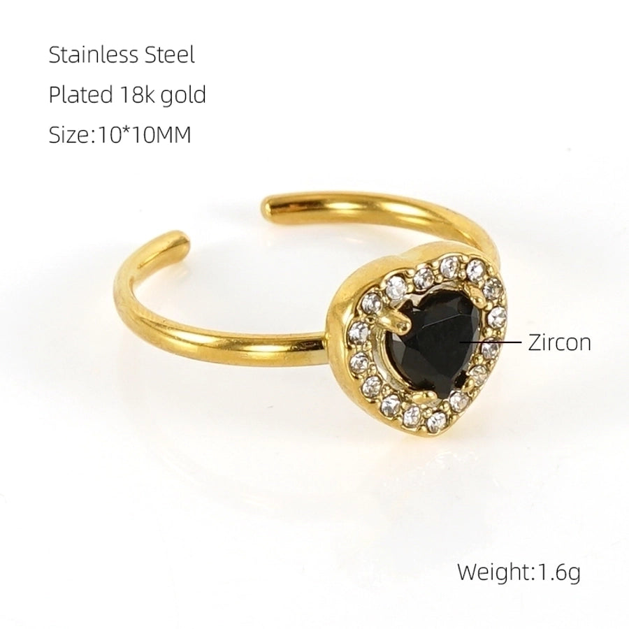 Shiny  Square Water Droplets Heart Shape Zircon Open Ring [Stainless Steel 18K Gold Plated]