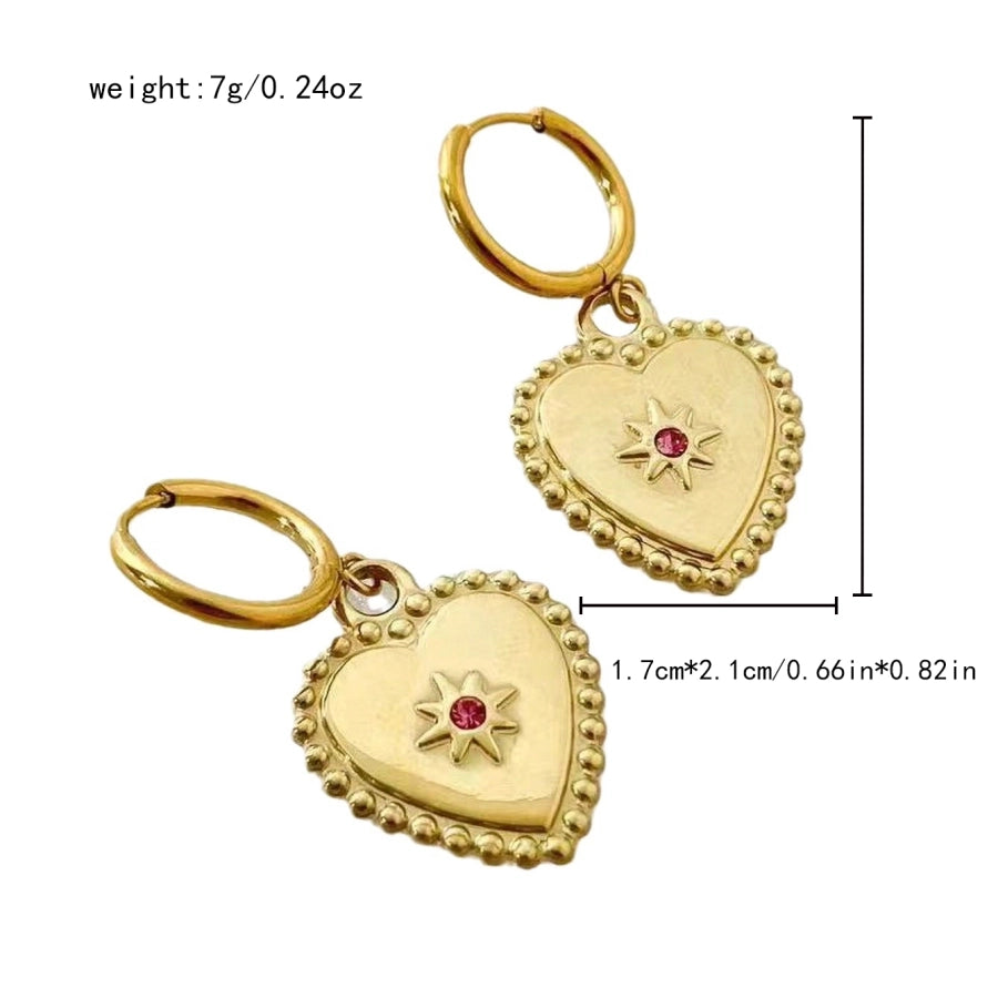 Red Ston Heart Drop Earrings [304 Stainless Steel,14K Gold Plated]