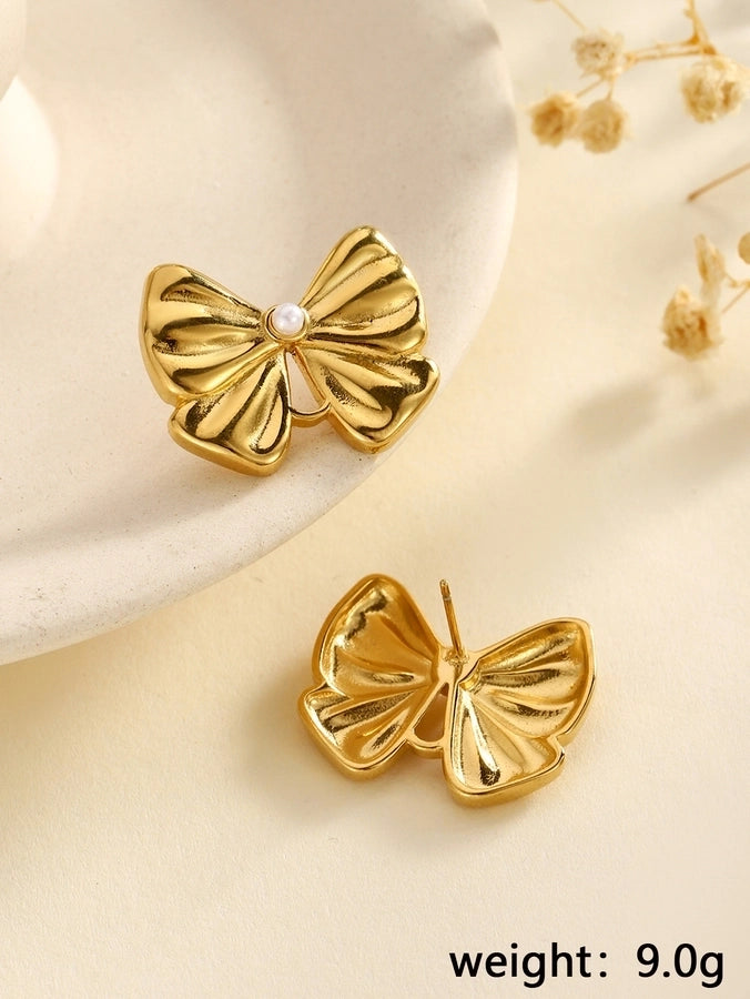 Acero inoxidable Nuevo graciosos y de moda Pearl Zircon Bow Flower Pendientes de tachuelas de altura