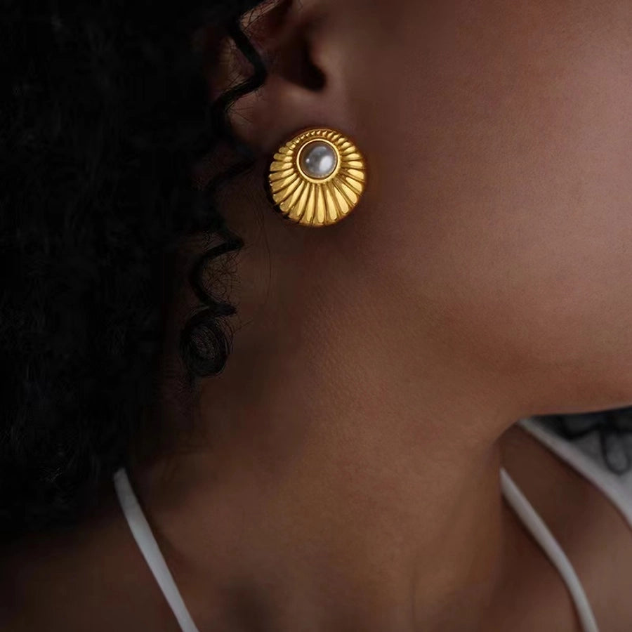 Pearl Round Earrings [316 Stainless Steel,18K Gold Plated]