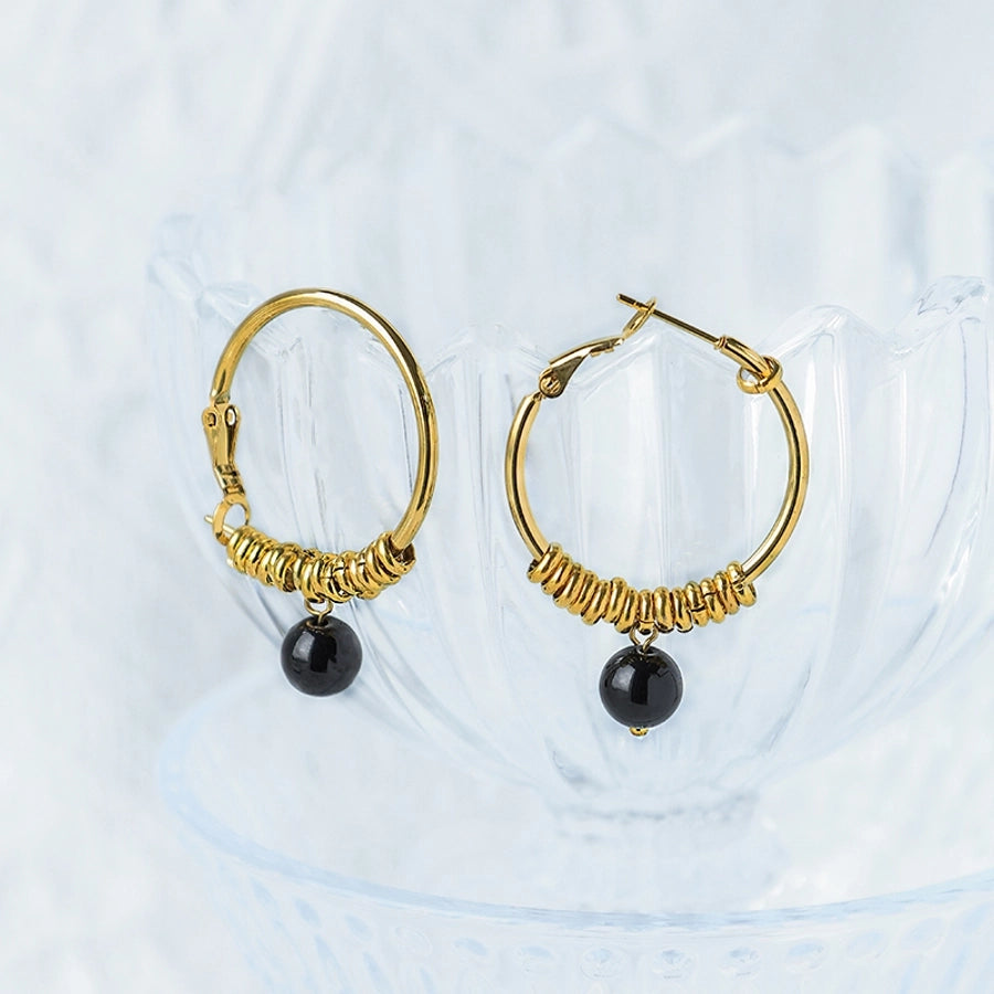 Round Beaded Natural StoneEarrings [304 Stainless Steel,14K Gold Plated]