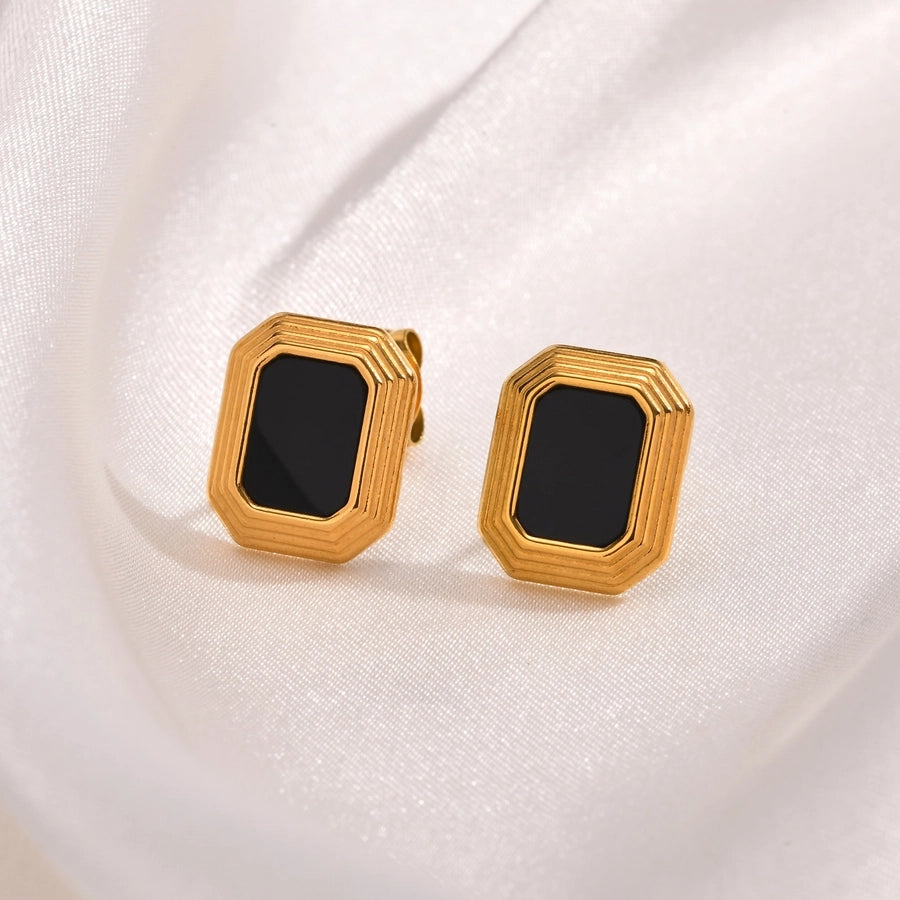 Boucles d'oreilles d'agate carrée noire [201 acier inoxydable, 18 carats en or]