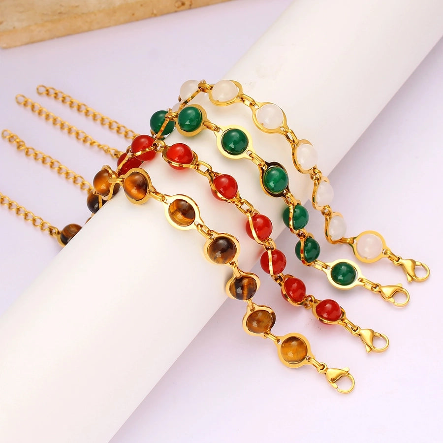 Round Agate, Tigereye Bracelet [304 Stainless Steel,18K Gold Plated]