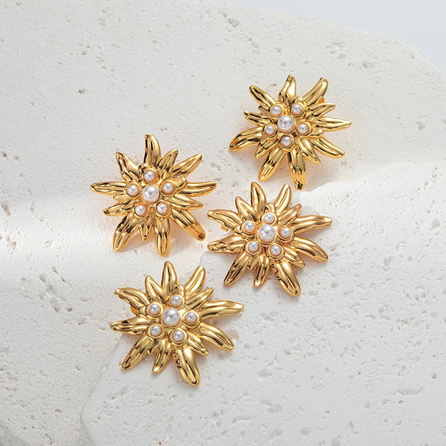 Chrysanthemum Pearl Earrings [304 Stainless Steel,14K Gold Plated]