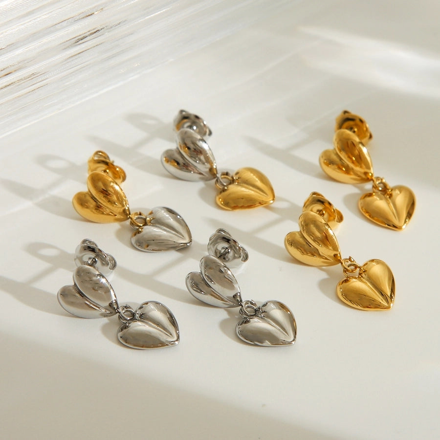 Pendientes cardíacos de color sólido de doble amor [304 acero inoxidable, 14k dorado chapado]