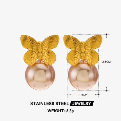 Butterfly Artificial Pearls Earrings [304 Stainless Steel,18K Gold Plated]