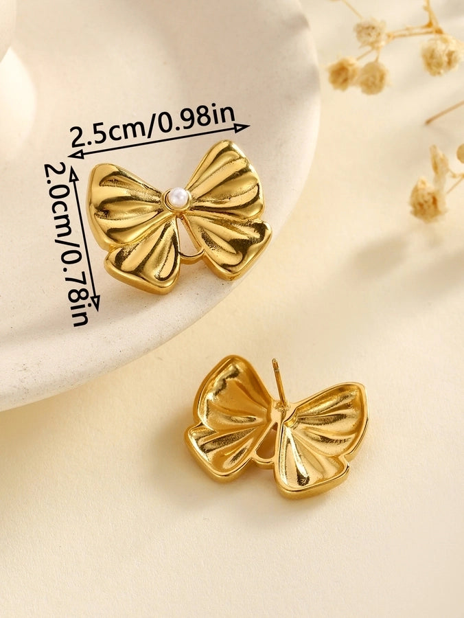 Acero inoxidable Nuevo graciosos y de moda Pearl Zircon Bow Flower Pendientes de tachuelas de altura