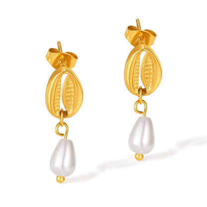 Shell mitation Pearl Drop Earrings [304 Stainless Steel,18K Gold Plated]