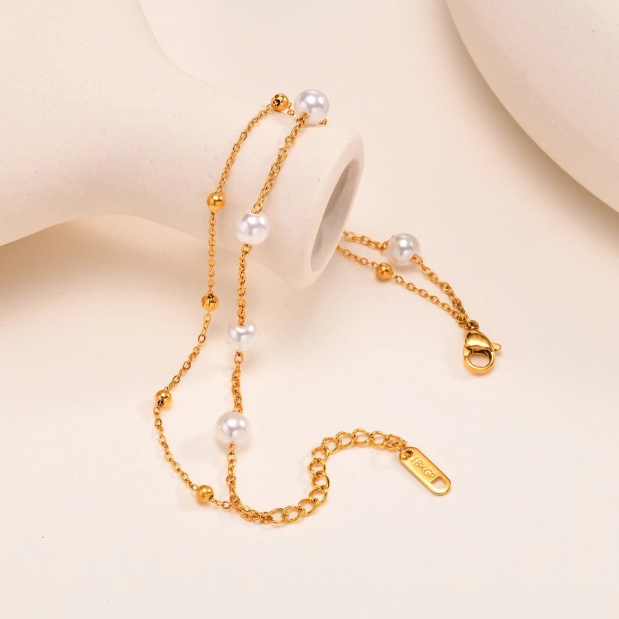 Imitation Pearl Layered Chain Bracelet [201 Stainless Steel, 18K Gold Plated]