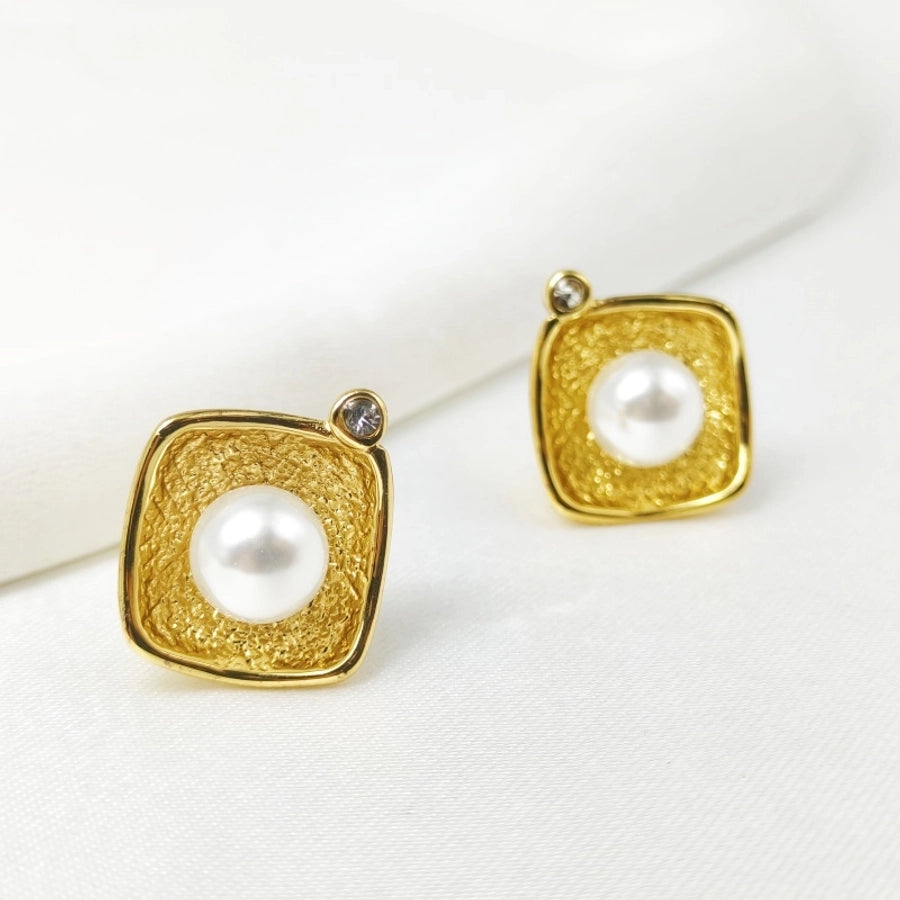 Square Pearl Earrings [304 Stainless Steel,18K Gold Plated]