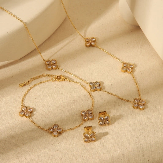 Four Leaf Clover Flower Bracelet/Jewelry Set [304 Stainless Steel, 18K Gold Plated]