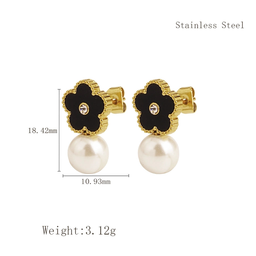 Flower Pearl Drop Earrings [304 Stainless Steel,18K Gold Plated]