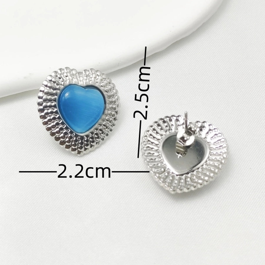 Silver Heart Stone Earrings [304 Stainless Steel]