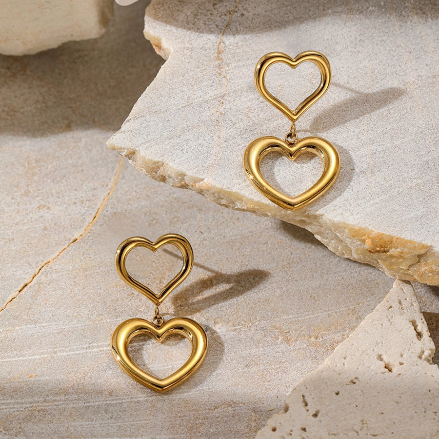 Double Hanging Hearts Earrings [304 Stainless Steel,18K Gold Plated]