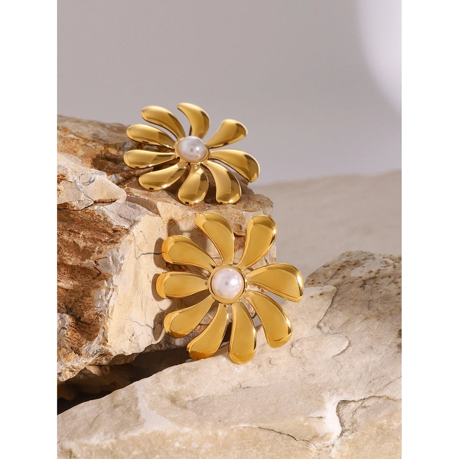 Flower Pearl Earrings [304 Stainless Steel,18K Gold Plated]