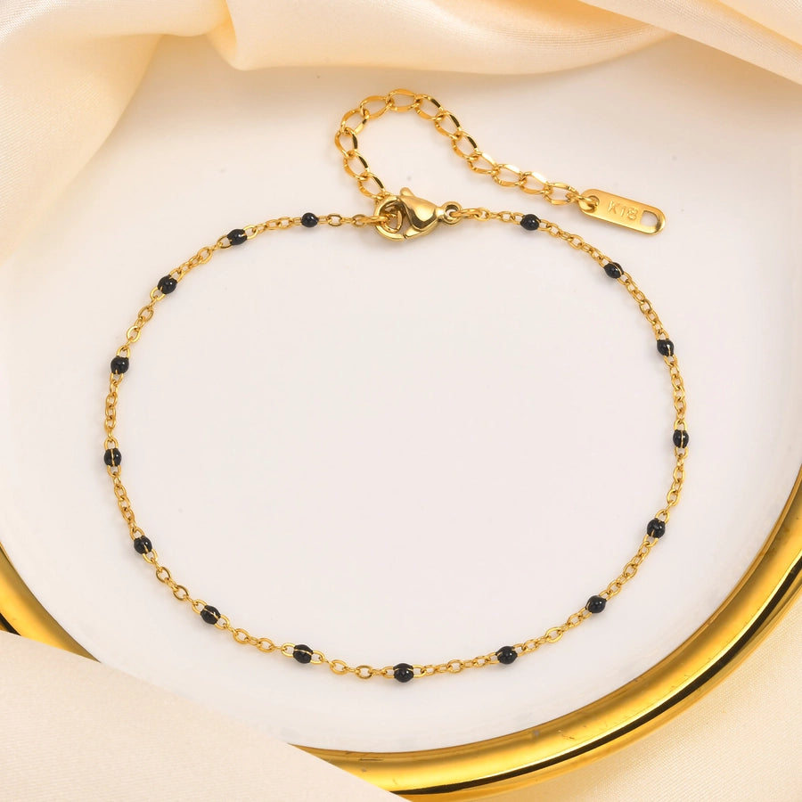 Black Beads Anklet [201 Stainless Steel, 18K Gold Plated]