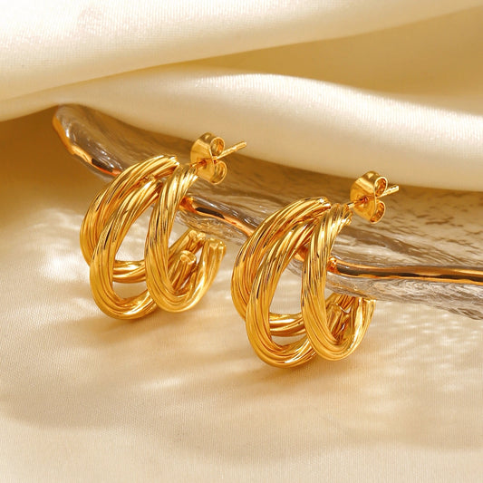 C Shape Twist Triple Hoop Earrings [304 Stainless Steel,18K Gold Plated]