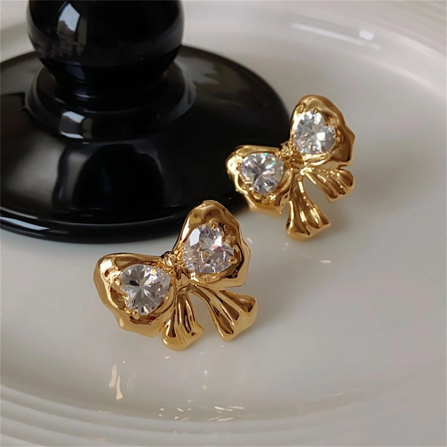 Shiny Bow Knot Artificial Gemstones Earrings [304 Stainless Steel]