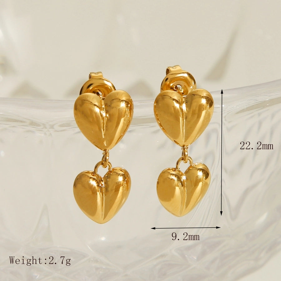 Pendientes cardíacos de color sólido de doble amor [304 acero inoxidable, 14k dorado chapado]