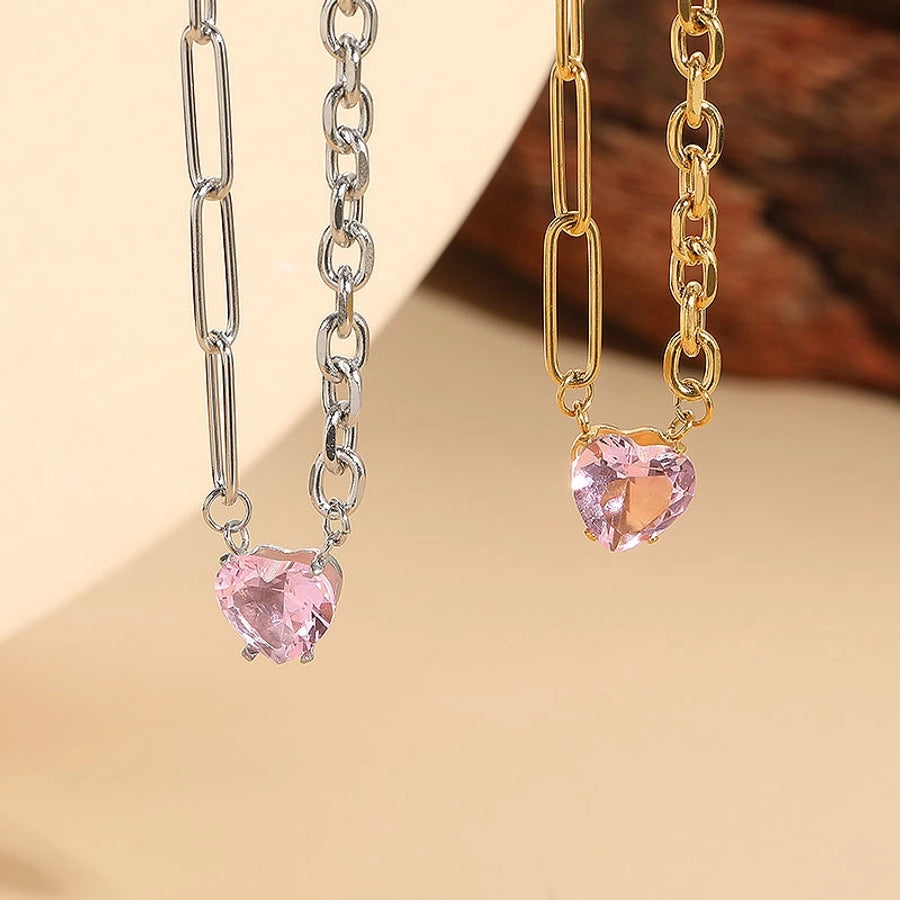 Pink Heart Shape Necklace [304 Stainless Steel,14K Gold Plated]