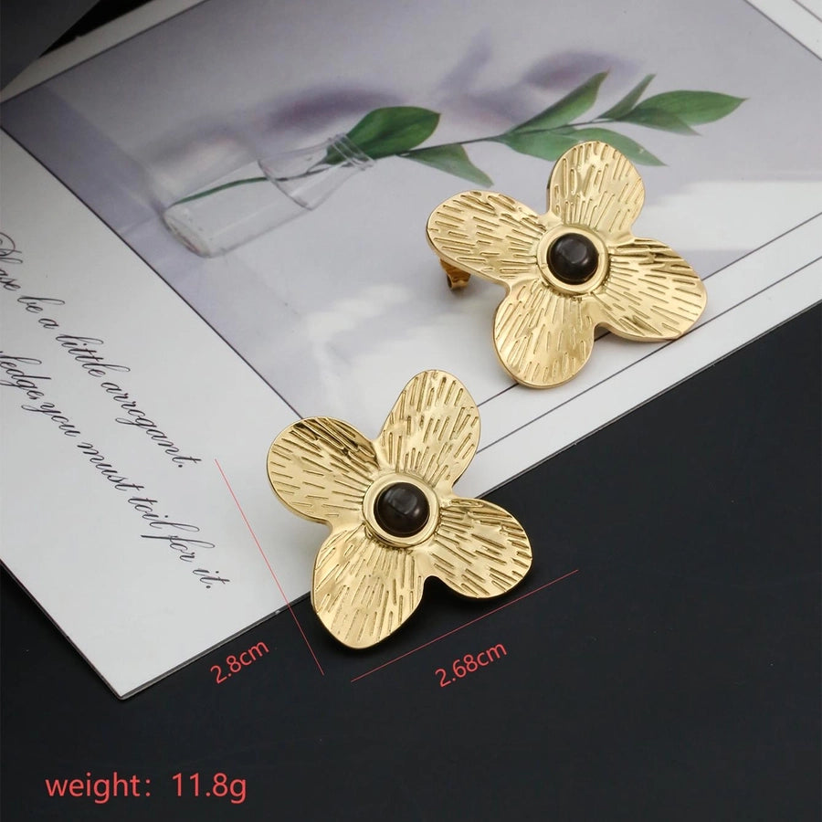 Flower Inlay Opal 18K Gold Plated Earrings [304 Stainless Steel, 18K Gold Plated]