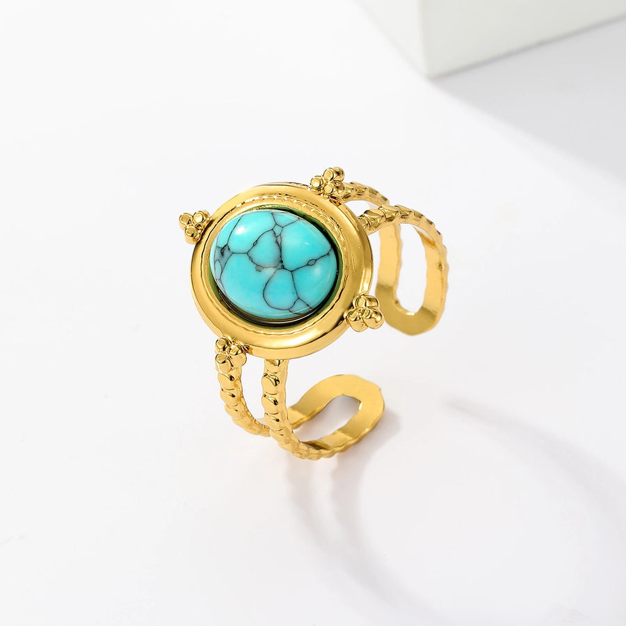 Round Square Turquoise Open Ring [201 Rustfrit stål, 18K guldbelagt]