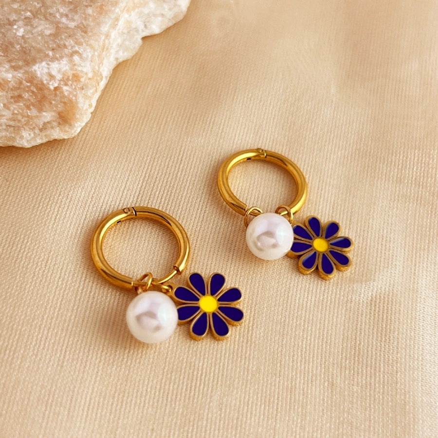 Flower Enamel Pearl [201 Stainless Steel,18K Gold Plated]