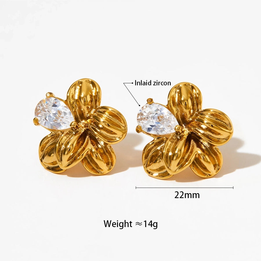 Flower Zircon 16K Earrings [304 Stainless Steel,16K Gold Plated]