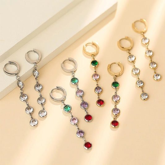 Round Colored Zircon Drop Earrings [304 Stainless Steel,18K Gold Plated]