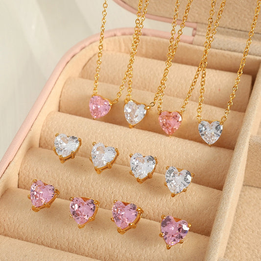 Pink White Zircon Heart Earrings/Necklace [304 Stainless Steel, 18K Gold Plated]