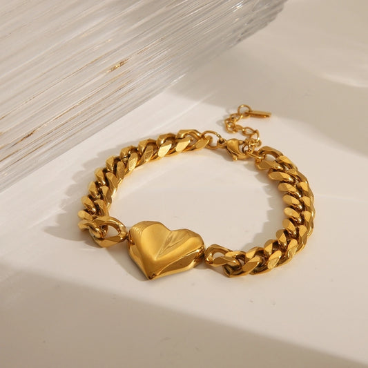 Brazalete de la cadena de bordillo de la forma del corazón [304 acero inoxidable, 14k dorado chapado]