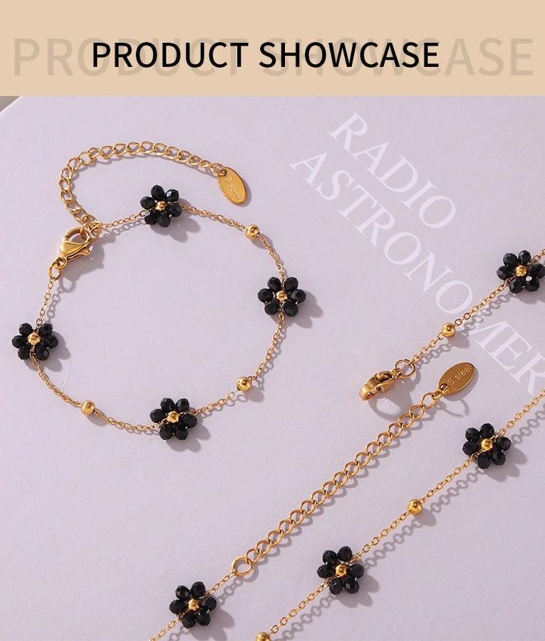 Black Daisy Flower Bracelet/Necklace [304 Stainless Steel,18K Gold Plated]