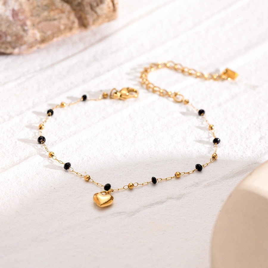 Heart Shape Black Beaded Bracelet [304 Stainless Steel]