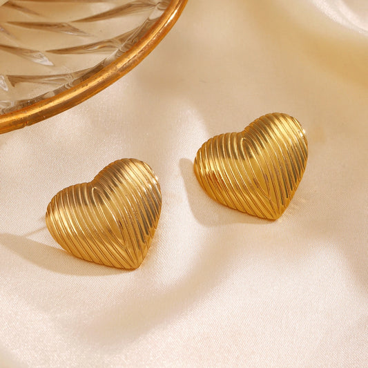 Striped Style Heart Shape Earrings [304 Stainless Steel,18K Gold Plated]