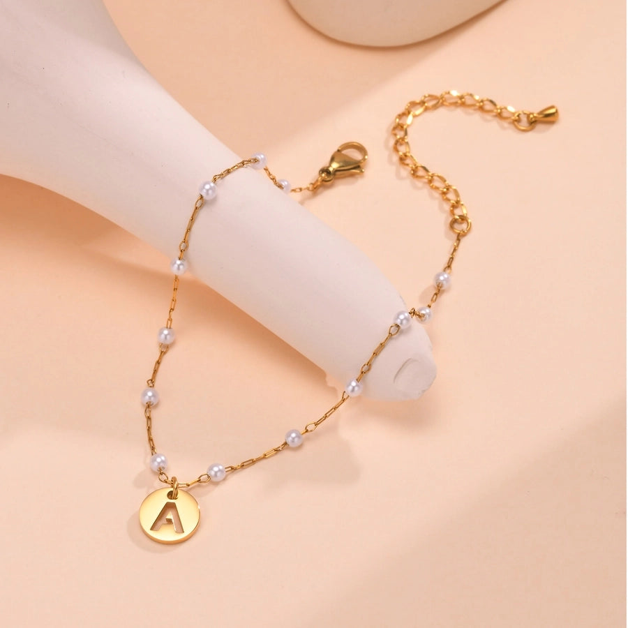 Letter Pearl Anklet [201 Stainless Steel, 18K Gold Plated]