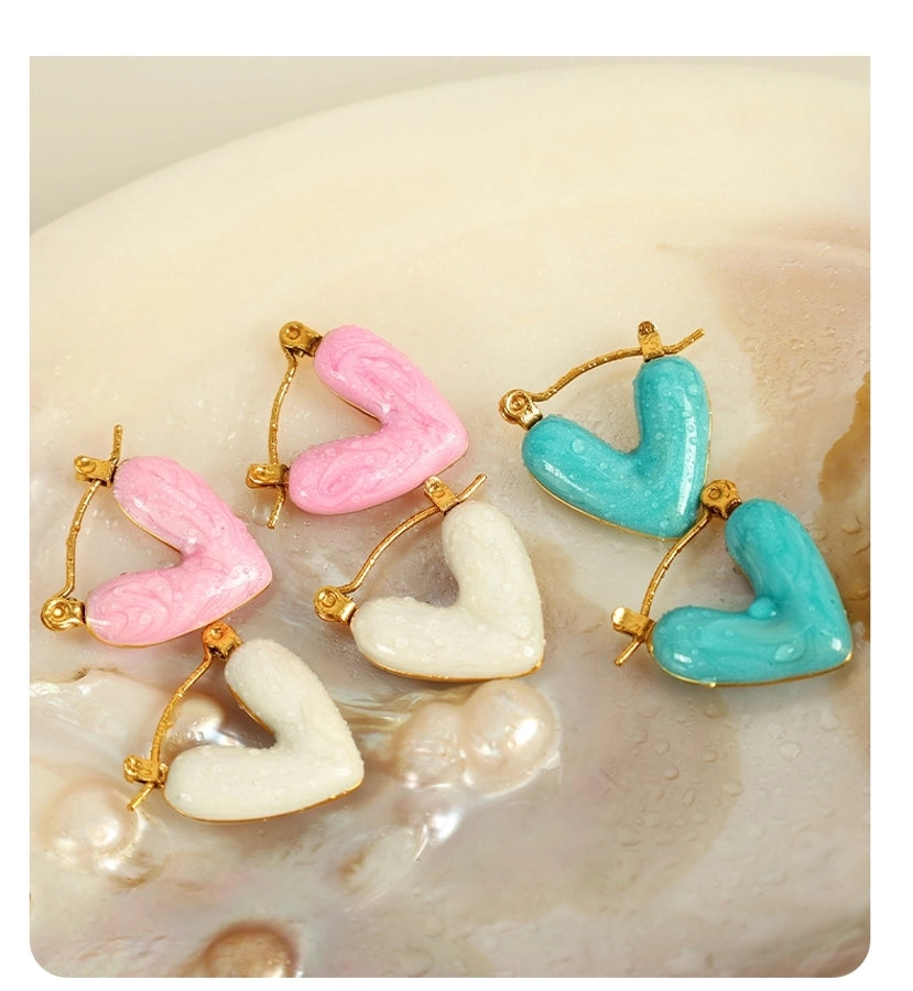 Heart Shape Polishing Enamel Earrings [304 Stainless Steel,18K Gold Plated]