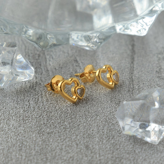 Boucles d'oreilles en zircon en forme de cœur double [304 en acier inoxydable, plaqué or 14 carats]