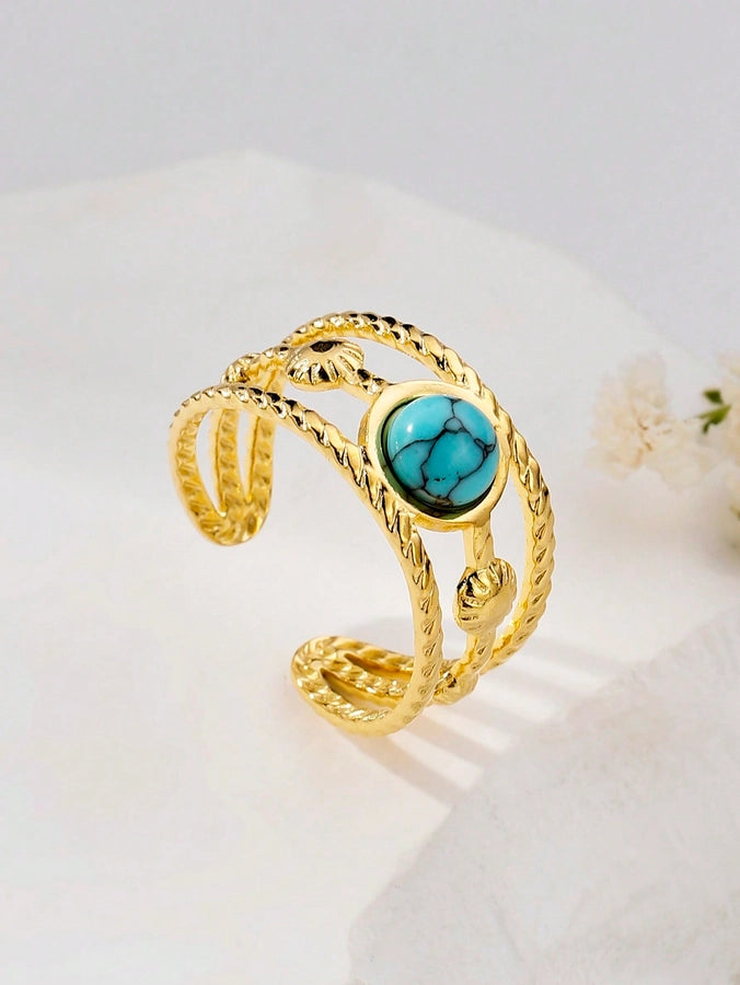 Color Block Turquoise Ring [304 Stainless Steel 18K Gold Plated]