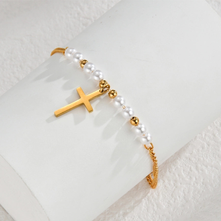 Cross Pearl Beaded Anklet [304 Stainless Steel, 14K Gold Plated]